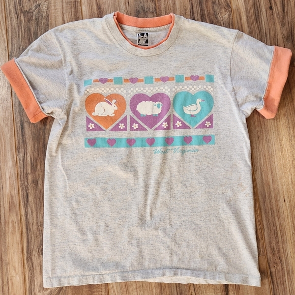 Vintage Tops - Vintage 90s Layered Rabbit Sheep Duck West Virginia Tee Easter
